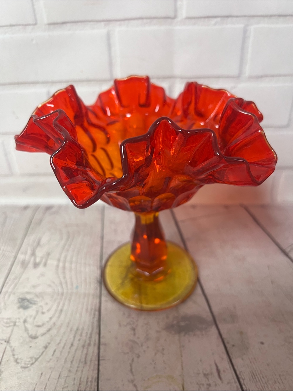 Vintage Fenton Amberina Glass Ruffled Thumbprint Pedestal Compote Candy Dish